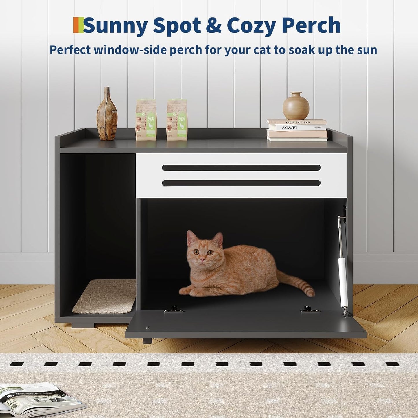 Cat Litter Box Furniture with Flip-Down Door, Spacious Hidden Cat Litter Box Enclosure Cabinet, Ventilated Covered Litterbox Furniture for Easy Cleaning & Privacy, Cats Box, Black