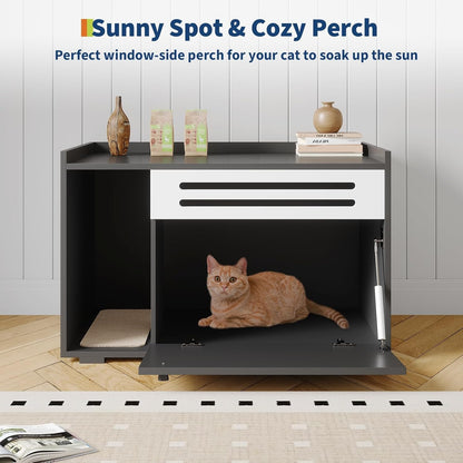 Cat Litter Box Furniture with Flip-Down Door, Spacious Hidden Cat Litter Box Enclosure Cabinet, Ventilated Covered Litterbox Furniture for Easy Cleaning & Privacy, Cats Box, Black