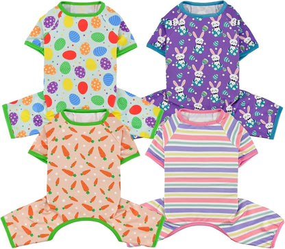 Vehomy 4-Pack Pet Dog Easter Pajama Puppy Easter Onesies Cat Pjs with Easter Egg Carrot Bunny Stripes Patterns for Small Dogs Easter Dog Clothes Outfits Shirts Jumpsuits XXL