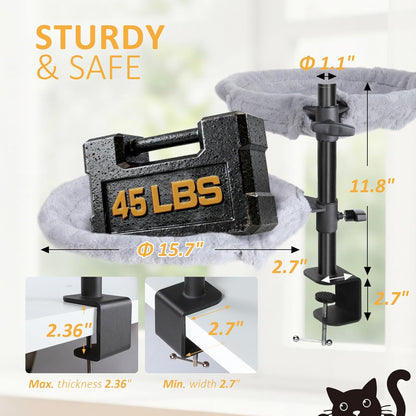 Topmart Double-Deck Cat Desk Bed with 360° Rotating & Adjustable Height, Cat Hammock for Desk with 4 Washable Pads, Kittens Bed for Desk Attachment for Home Office,Up to 45LBS, Grey & Black