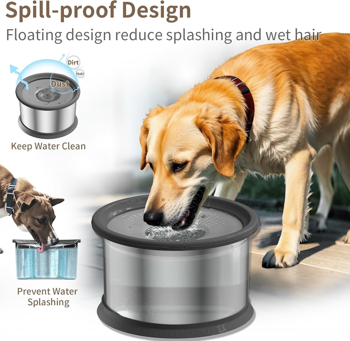 6.5L Dog Water Bowl No Spill with 4 Pcs Filters 1.6 Gallon Stainless Steel Water Bowl for Dogs 220oz Large Capacity No Splash Slow Drinking Feeder with Anti-Slip Mat for Messy Drinkers