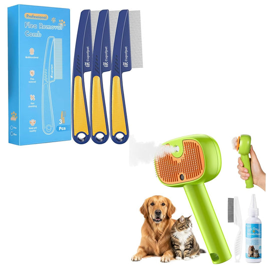3-Pack Flea Comb with Rubber Handle, 4-in-1 Cat Steam Brush