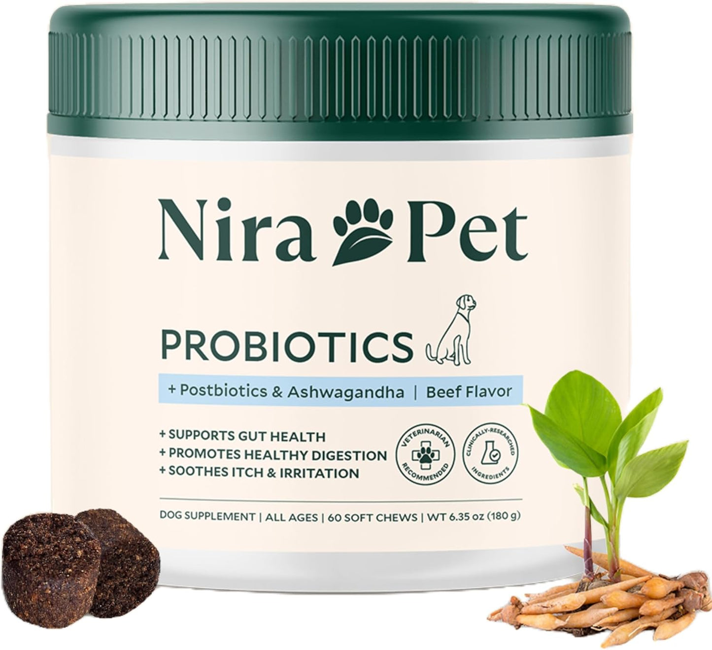 Probiotics for Dogs – 60 Beef-Flavored Chews with Postbiotics, Colostrum, Ashwagandha & Lactobacillus – Supports Gut Health, Immunity, Diarrhea, Gas & Stress