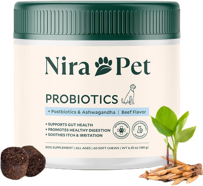 Probiotics for Dogs – 60 Beef-Flavored Chews with Postbiotics, Colostrum, Ashwagandha & Lactobacillus – Supports Gut Health, Immunity, Diarrhea, Gas & Stress