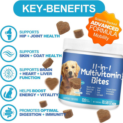 11-in-1 Dog Multivitamin Supplement - Dog Vitamins with Glucosamine - 120 Chews - Hip & Joint, Pet Immune Support, Heart, Skin & Coat, Digestion - Senior & Puppy Multivitamin Pet Supplement