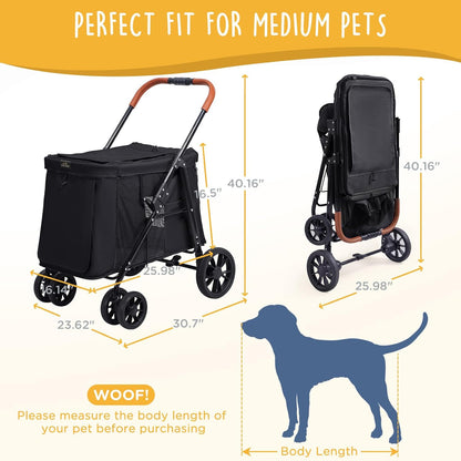 Scout Pet Stroller, 4-Wheel Design for Small/Medium Dogs - One-Button Fold, Adjustable Mesh Windows & Shades, 360° Swivel Front Wheels, Rear Wheel Brake for Safety, Black