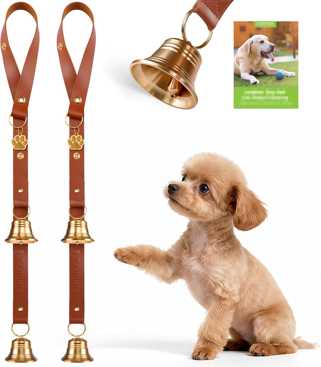 Leather Dog Door bells for Potty Training, Big Brass Puppy Dog Door Bells Extra Loud for Dogs Training, Housebreaking, Door Knob, Dog Bell to Ring to Go Outside Puppy Pet Supplies Leather 2Packs