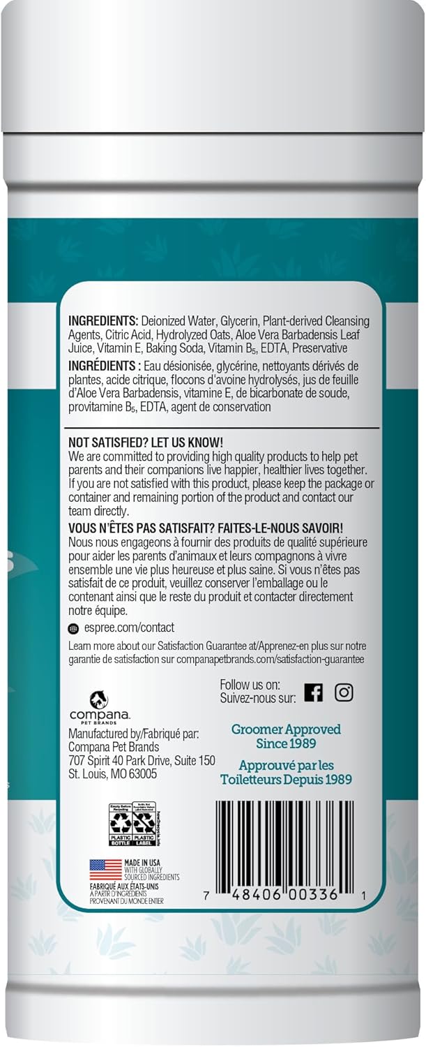 Espree Pet Hypoallergenic Aloe Wipes, Cleaning and Odor-Controlling Grooming Wipes for Paws, Cat Grooming, Dog Care, Perfect for Puppy and Adult Dogs, Fresh Baby Powder Scent, 50 Count