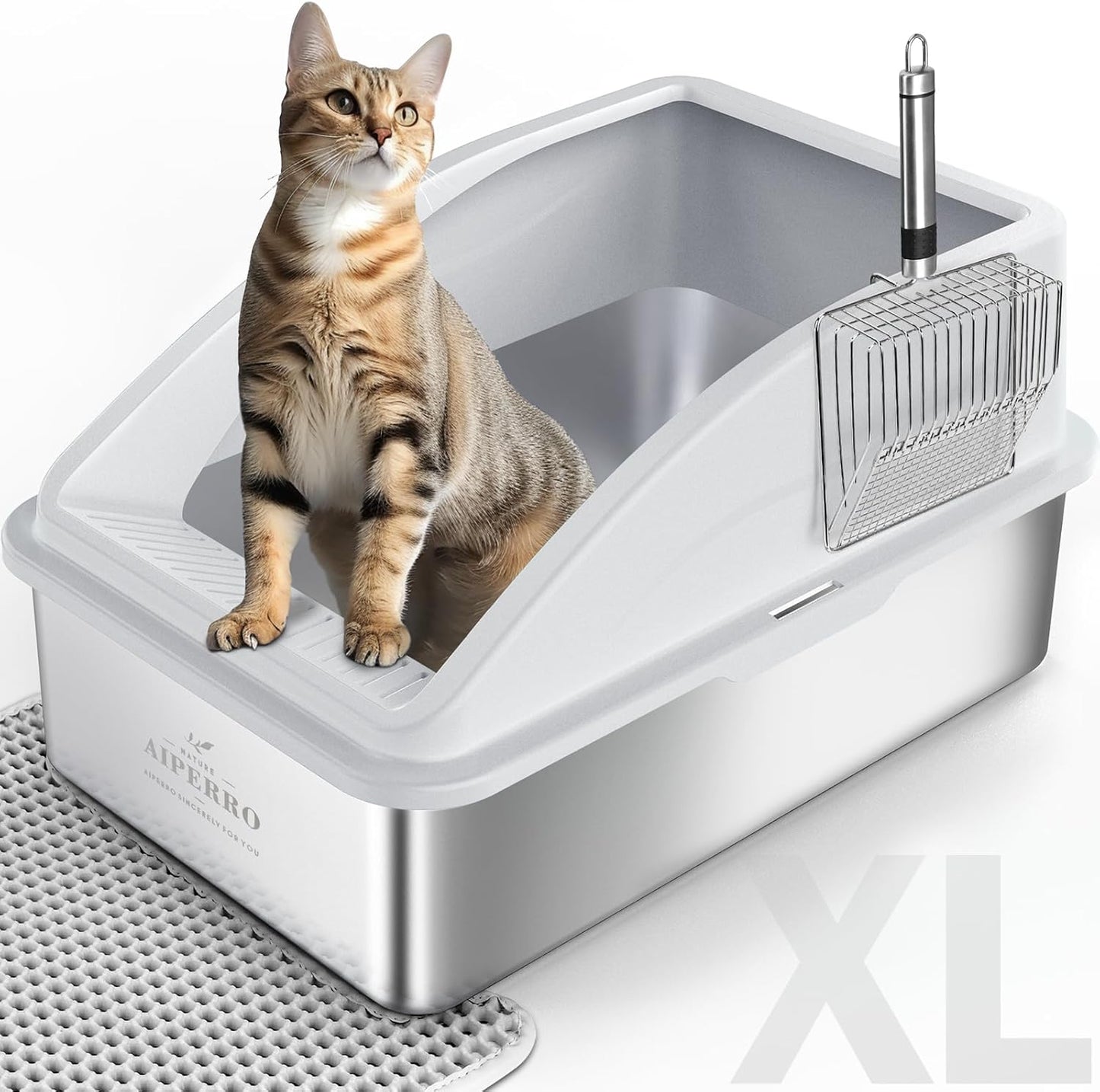 Stainless Steel Litter Box | XL Enclosed Cat Litter Boxes with Lid for Big Cats | High Sided, Anti-Urine Leakage | Non-Stick Bottom & Includes Litter Mat & Metal Scoop