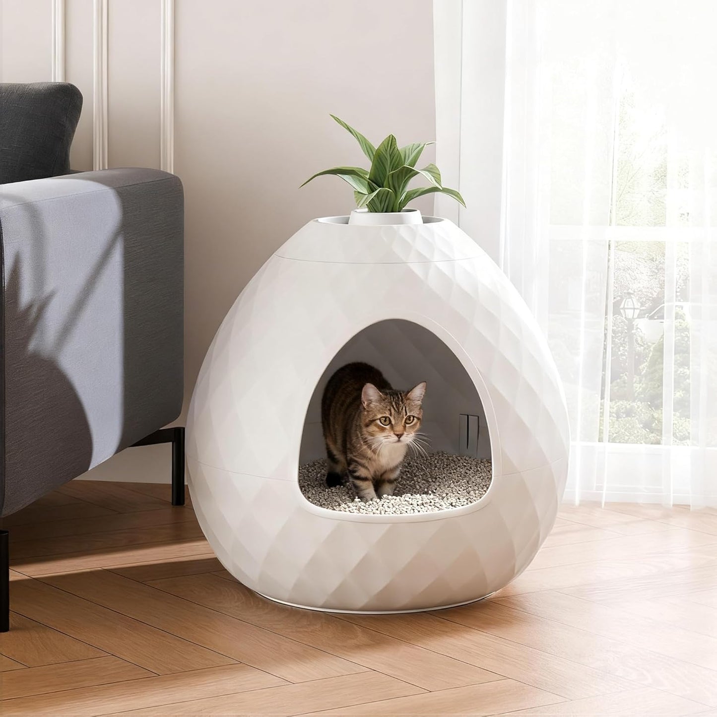 Hidden Litter Box Enclosure, Decorative Litter Box for Indoor Cats and Dogs Use, Round Kitty Litter Box Furniture Easy Clean Odor Control, Warm White
