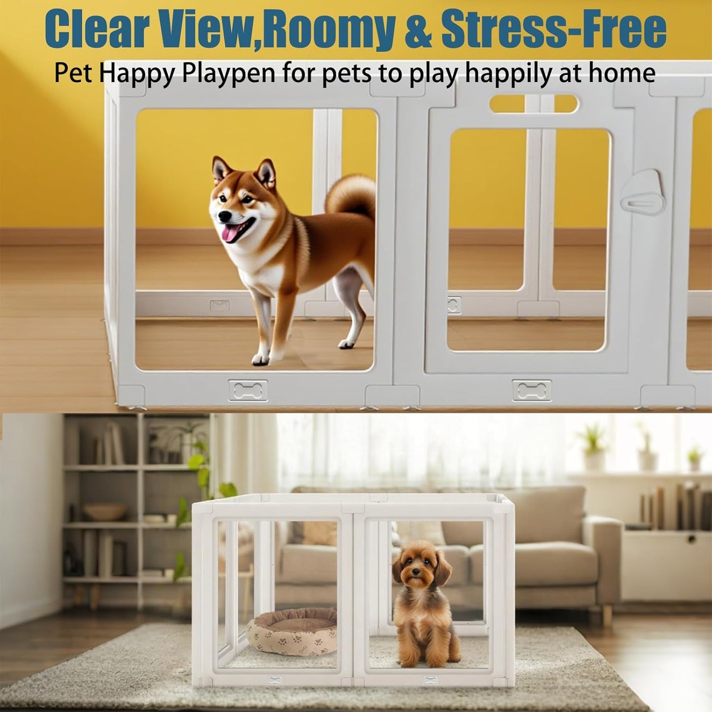 Clear Acrylic Dog Playpen Small Pet Play Pen for Small Dogs, Puppies, Cats & Rabbits, Assemble & Disassemble, with Door & Suction Cups (23.6" H, 12PCS),White
