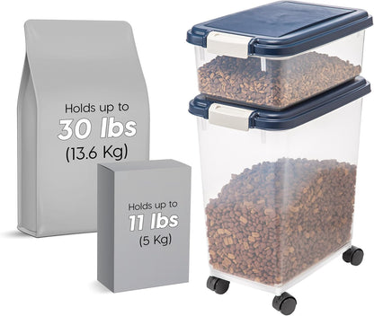 IRIS USA 2-Piece 41 Lbs / 45 Qt WeatherPro Airtight Pet Food Storage Container Combo and Treat Box for Dog Cat and Bird Food, Stackable, Keep Fresh, Translucent Body, Easy Mobility, Navy