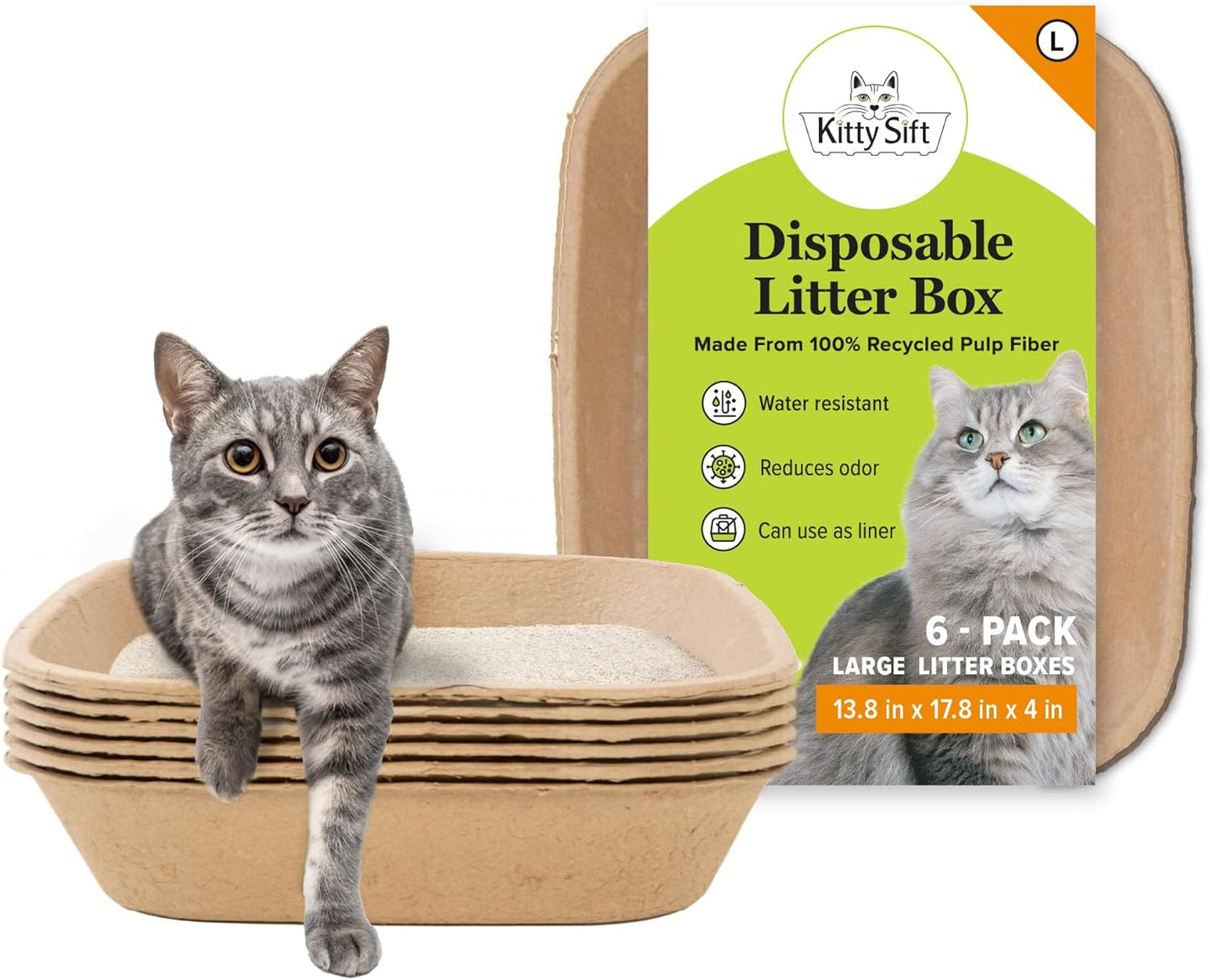 Kitty Sift Disposable Cat Litter Box Large, 6 Count, Durable Portable for Travel and Home, Eco-Friendly Disposable Litter Box Controls Odor for Cats and Kittens