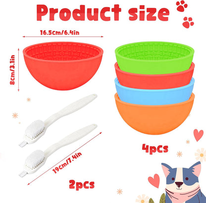 4 Pcs Dog Enrichment Lick Bowls Silicone Freeze Bowls Interactive Cat Licking Mats Slow Feeders Includes 2 Pcs Brush for Pet Boredom Anxiety Relief,Oral Health,Wobble or Stay Put Freeze Feeder