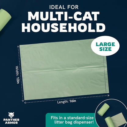 Panther Armor Cat Litter Bags, 100 Large Compostable Unscented Poop Bags -16x12in Super Large Kitty - Leak Proof Box Trash - Odor Proof Cat Disposal