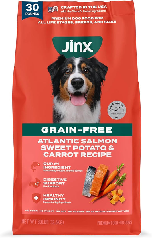 Jinx Premium Grain-Free Dry Dog Food, for All Lifestages - Real Salmon, Sweet Potato & Carrot Kibble with Superfoods for Immune Support & Probiotics for Digestive Support - No Fillers - 30lb
