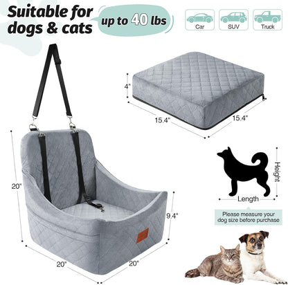 Dog Car Seat for Medium Dogs Up to 40lbs,Fully Detachable and Washable,Easy to Install with Adjustable Straps,Anti-Slip Base Travel Car Bed for Pets,2 Side Pockets(Grey,Medium)