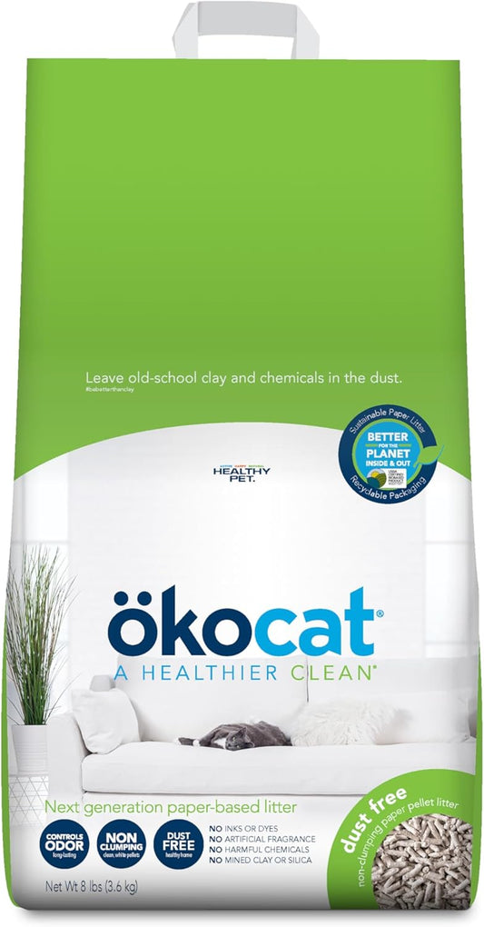 ökocat Dust Free Non-Clumping Paper Pellet Cat Litter, Unscented, 8 pounds - Natural Ingredients, Controls Odor, Dust Free, Great for Homes with Allergies, Postsurgical Needs