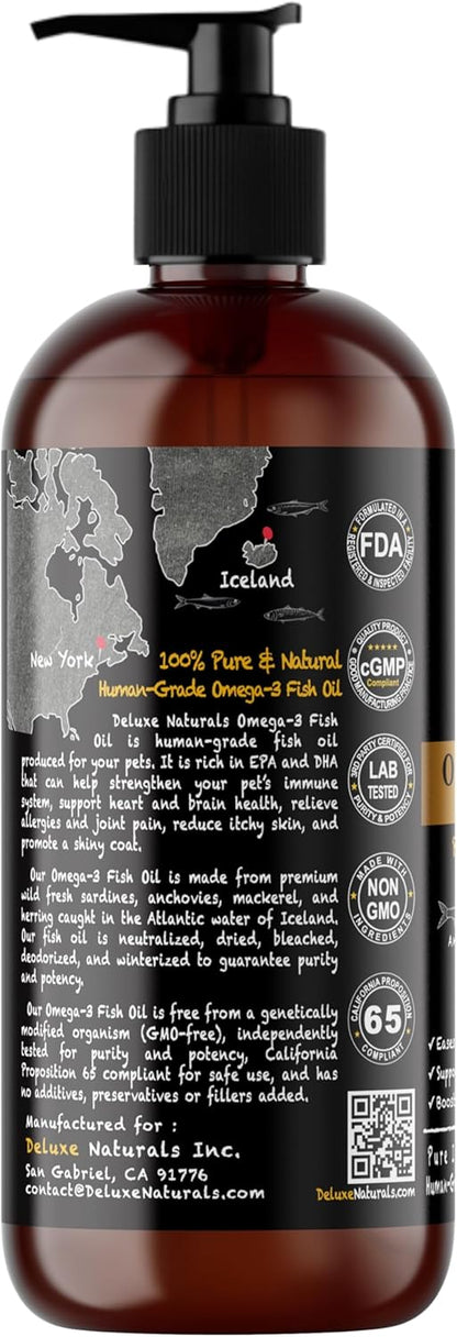 Rich Omega-3 Fish Oil for Dogs & Cats | Natural EPA + DHA Fatty Acids for Shiny Coat, Reduce Itchy Skin, Support Joint Function, Immune & Heart Health, 16 FL OZ