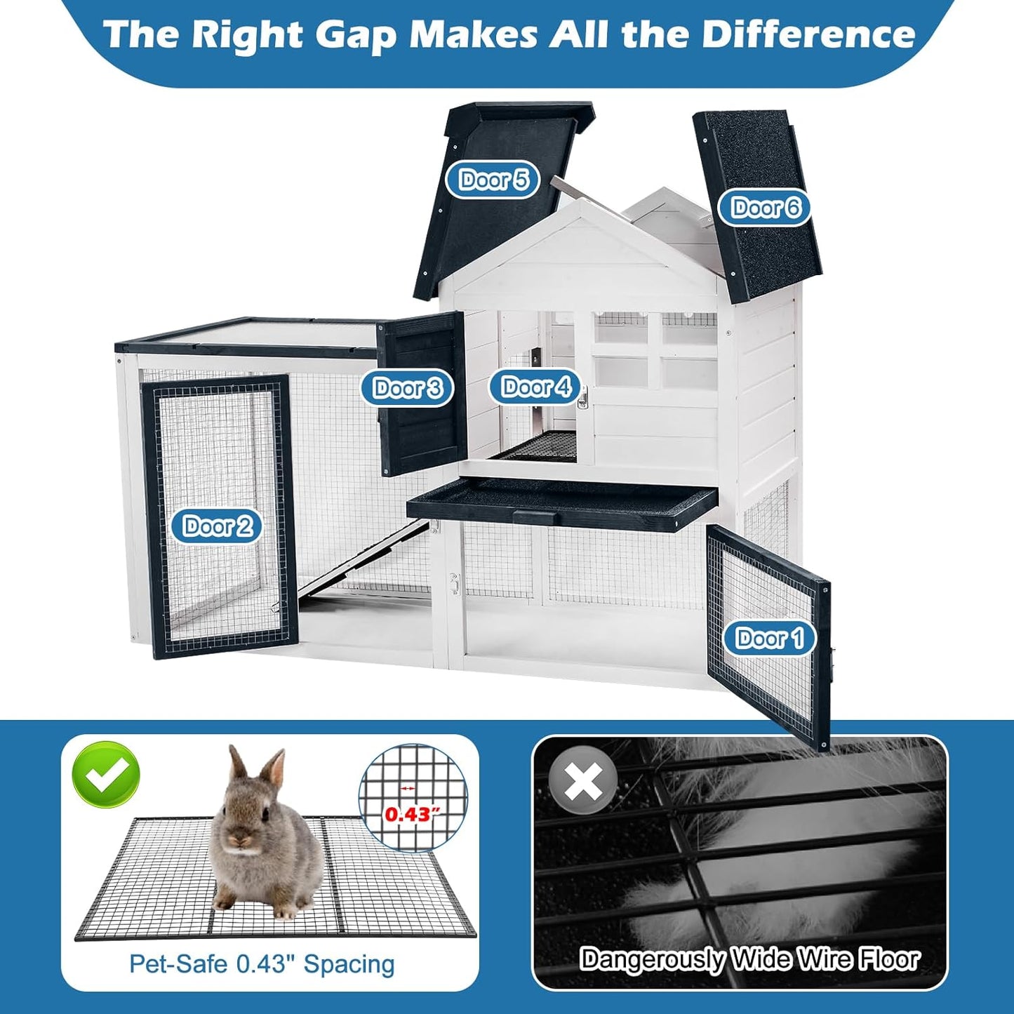 Bunny Hutch Indoor Outdoor Rabbit Cage Chicken Coop Animal House with Wire Floor Above Pull-Out Tray, Chew-Resistant Ramp & Entrance, Openable Waterproof Roof & UV-Resistant Roof