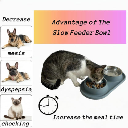 Slow Feeder Dog Bowls 2-in-1 Non-Spill - Anti-Slip Puzzle Feeder Dog Bowl with Stainless Steel Water Bowl, Dual Pet Food & Water Bowl Set for Bloat Prevention for Puppies Cat & Large Dogs