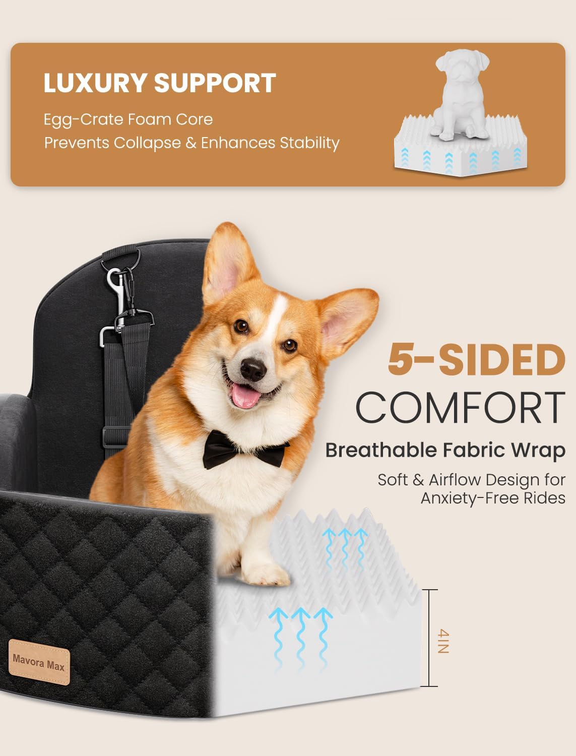 Dog Car Seat for Small/Medium Dogs, Elevated Dog Booster Seat Memory Foam Puppy Car Seat with Washable Cover, Travel Safety Pet Seat Bed for Car with Storage Pockets Up to 35 lbs (Black)