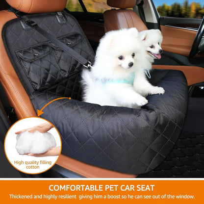 Dog Car Seat/Bed for Small & Medium Dogs up to 40 lbs – Plush Cushion, Safety Belt, Waterproof Washable Cover, Storage Pockets – Fits Front & Back Seats, Travel Booster Seat for Pets