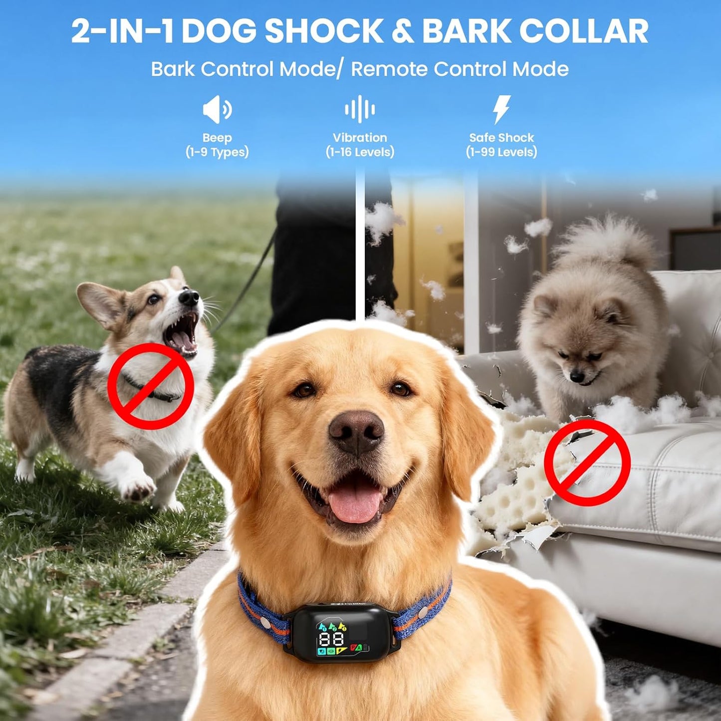 2-in-1 Dog Shock Collar and Bark Collar with Remote Control, Dog Training Collar Remote 3300FT, IP67 Waterproof, Dog Shock Collar for Large Medium Small Size Dog, Dog Bark Collar with Flashing Light