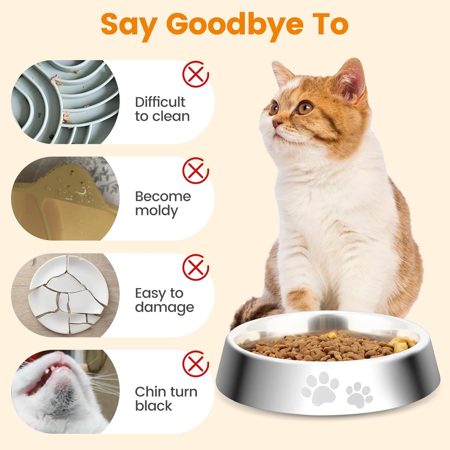 PETTOM Slow Feeder Cat Bowl Elevated, Anti Vomiting for Dry and Wet Food,2Pcs Stainless Steel Cat Food Bowls with Non-Slip Rubber Base