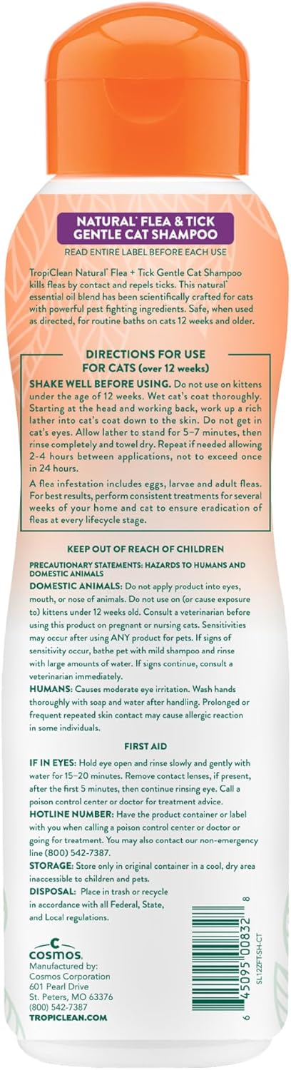 TropiClean Gentle Flea Shampoo for Cats, Flea and Tick Prevention for Cats, Powerful & Natural Defense, Made in USA, 12 oz.