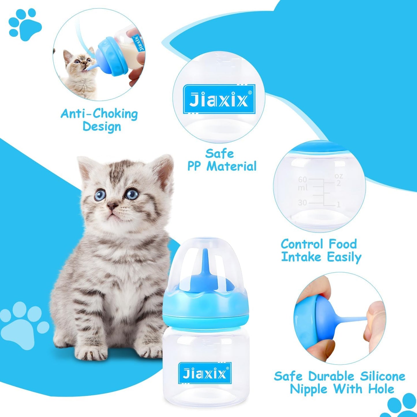 Pet Bottle Feeding Kit, Puppy & Kitten Nursing Supplies, Blue, 60ml Bottle with Anti-Choking Silicone Nipples & Syringes, Newborn Flow, Dishwasher Safe