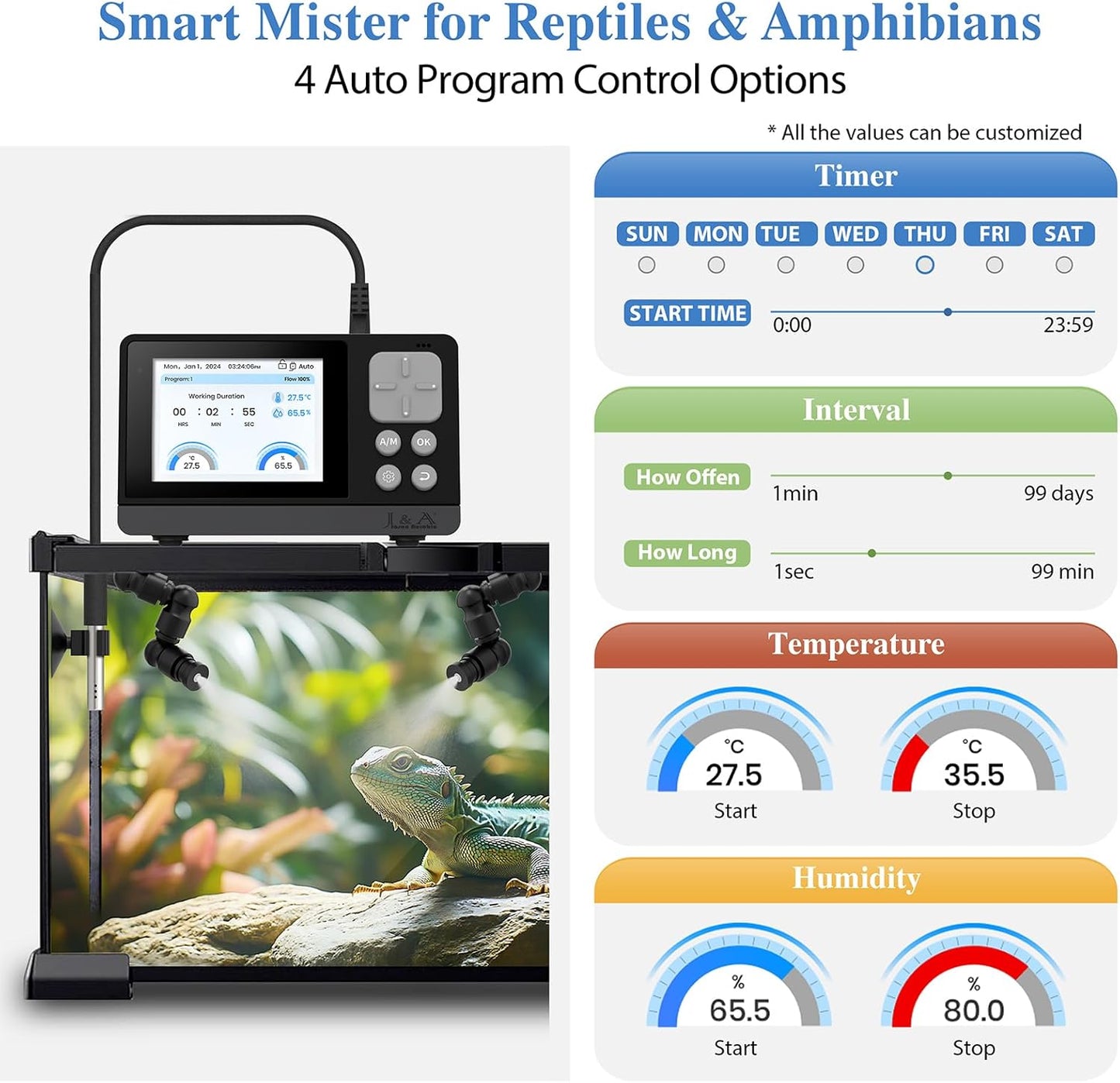 J&A Automatic Mister for Terrariums, Reptile Misting System with Programable Timer, Chameleon Fogger with Adjustable Spray Nozzles, Black