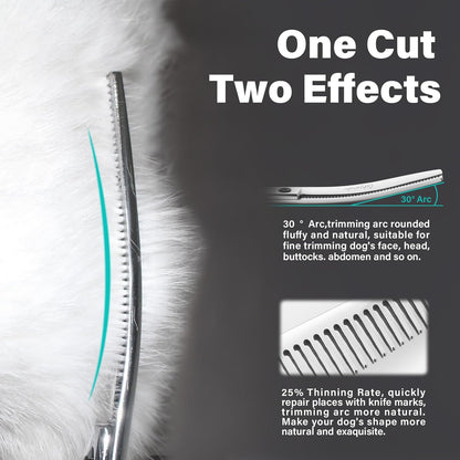 Dog Grooming Scissors,Curved Thinning Scissers and Chunker Shears for Dog Grooming with Safety Round Tips, Sharp and Comfortable 5 in 1 Deg Scissors for Grooming