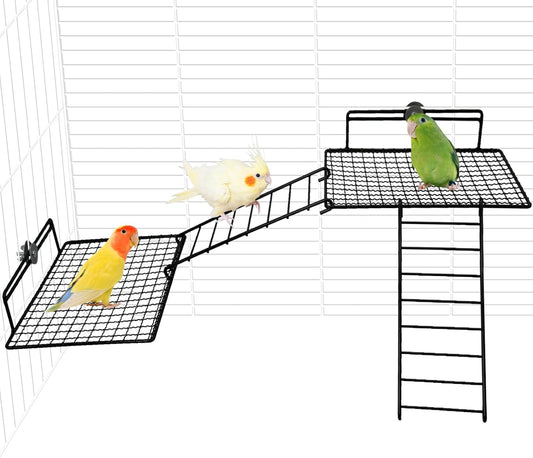 BNOSDM Extra Large Stainless Steel Grid Platform for Parakeet 4 PCS Bird Perches Platform Parrot Stand with Climbing Ladder Bird Cage Accessories for Small to Large Bird (Screw Style-XL)