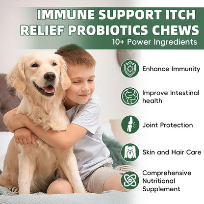 Probiotics for Dogs, Improve Itchy Skin Itchy Ears, Yeast Balance, Immune Support, Dog Probiotics (10 Billion CFU) for Dog Skin & Cost Care, Allergy Relief Chews + Vitamins Blend (120 Ct) Chicken