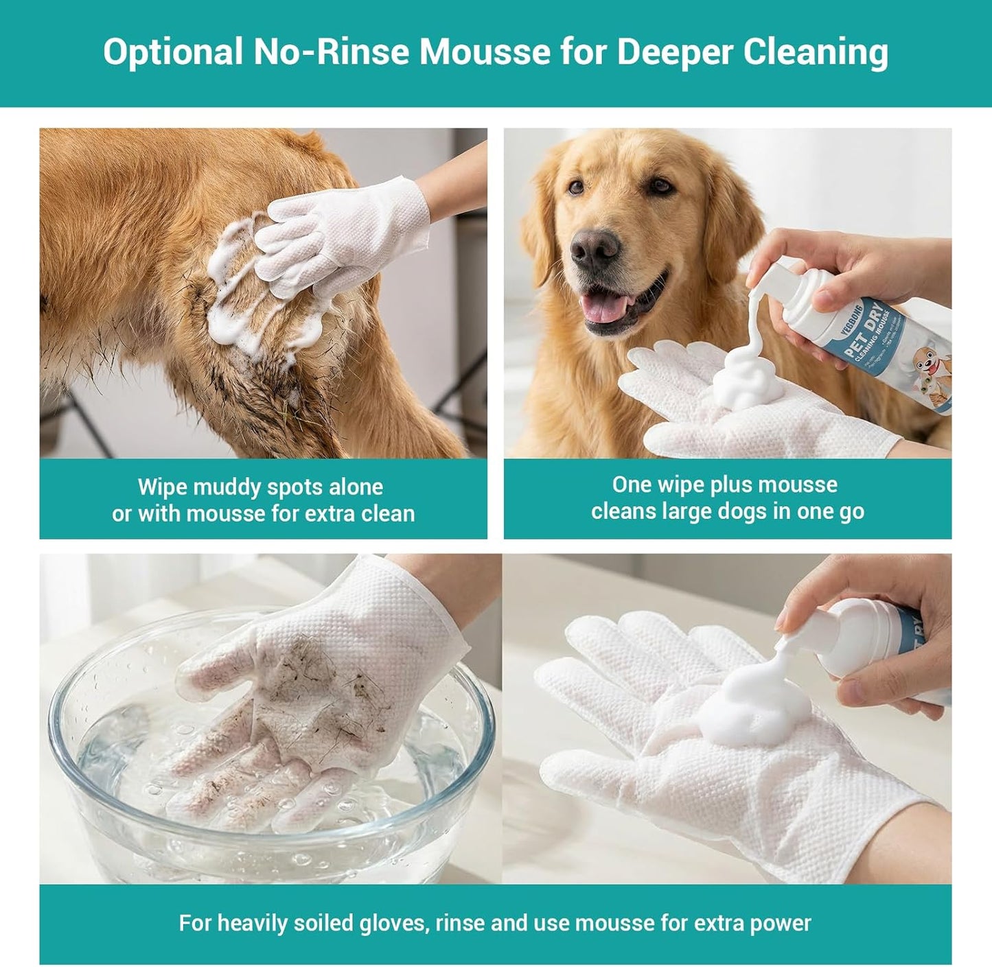 Pet Glove Wipes for Dogs & Cats – Extra Thick Rinse-Free Mittens, Hypoallergenic, Cleansing & Deodorizing, Optional No-Rinse Foam Mousse for Deeper Cleaning, Ideal for Playful & Large Dogs