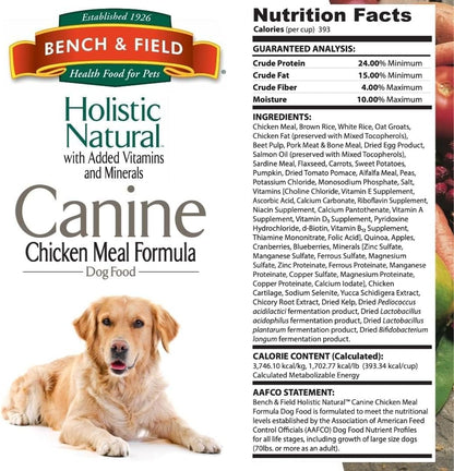 Bench & Field Holistic Natural Adult Dry Dog Food, Chicken Meal and Brown Rice Recipe 6.6 lb Bags (Pack of 3)