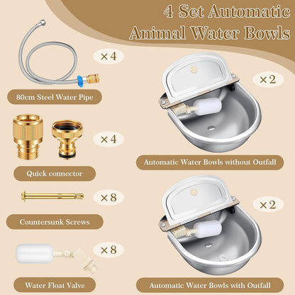 Bokon 4 Set Automatic Animal Drinking Water Trough Bowl Automatic Livestock Drinking Dispenser Stainless Steel Waterer for Horses Dogs Goat Pig with Float Pipe Connector Countersunk Bolt