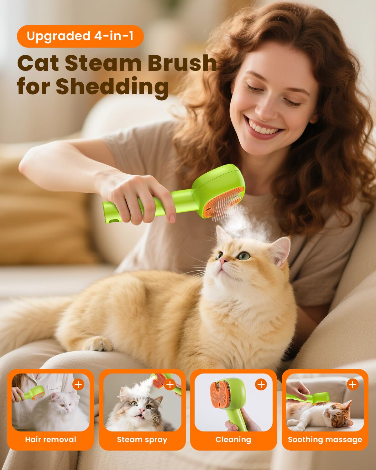 3-Pack Flea Comb with Rubber Handle, 4-in-1 Cat Steam Brush