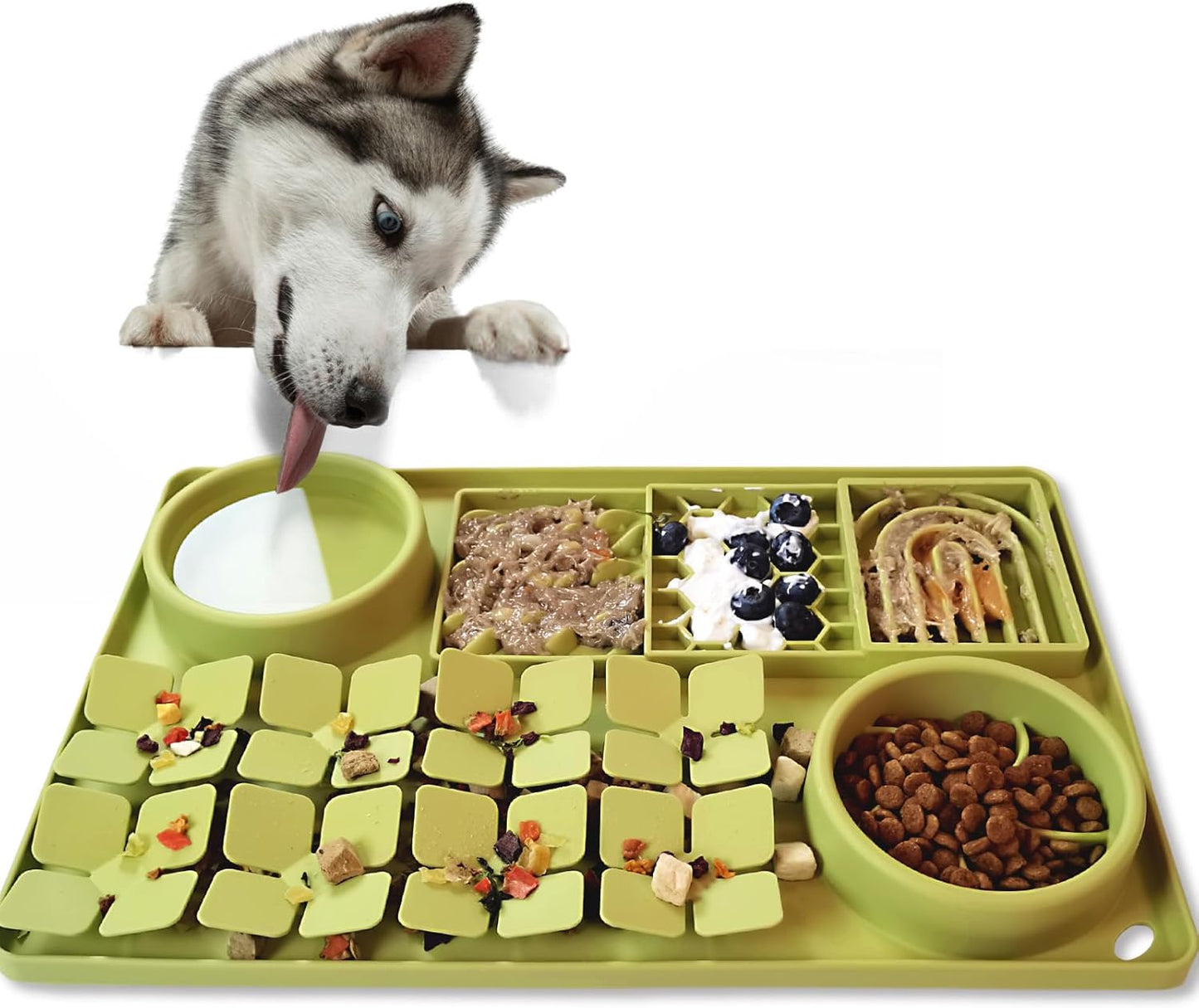 4-in-1 Silicone Snuffle Mat for Dogs, Dog Slow Feeder Bowl & Lick Mat with Suction Cups, Dog Puzzle Feeder Toy Sniff Mat for Smell Training Slow Eating Keeping Busy, Green