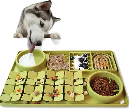 4-in-1 Silicone Snuffle Mat for Dogs, Dog Slow Feeder Bowl & Lick Mat with Suction Cups, Dog Puzzle Feeder Toy Sniff Mat for Smell Training Slow Eating Keeping Busy, Green