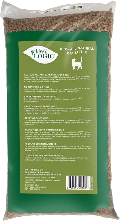 Nature's Logic 100% Natural Pine Pellet Cat Litter - 100% Ponderosa Pine, Dust-Free, Unscented, Biodegradable - Safe for Cats, Kittens, Reptiles & Small Pets - Highly Absorbent - 24 lb Bag