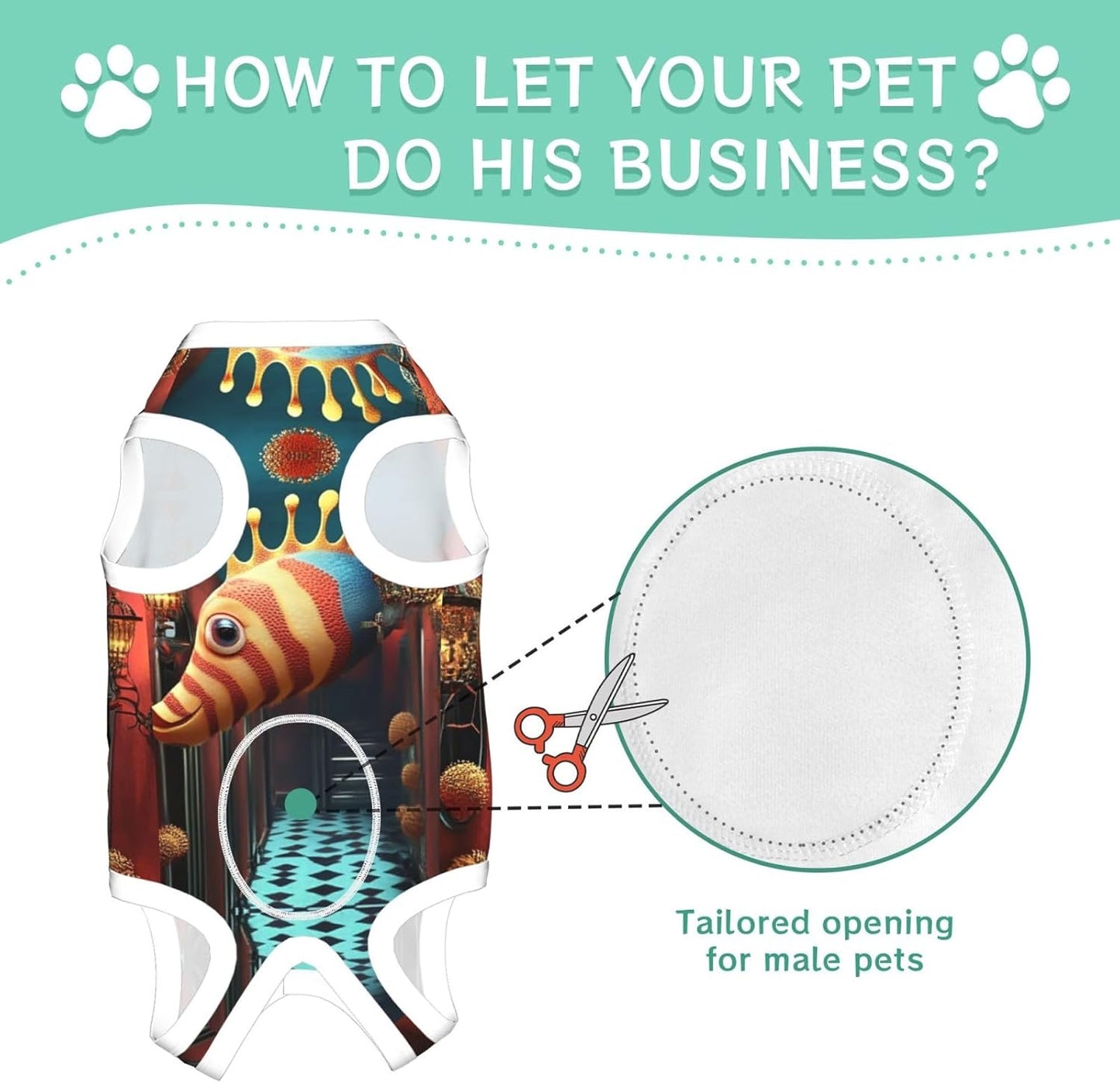 Colorful Fish Dog Surgery Suit Recovery Suit, 100% Cotton Breathable Full Body Dog & Cat Surgical Suit with Cute Prints, Alternative to Cone for Spay Neuter Wound Care, Male & Female Pets Medium