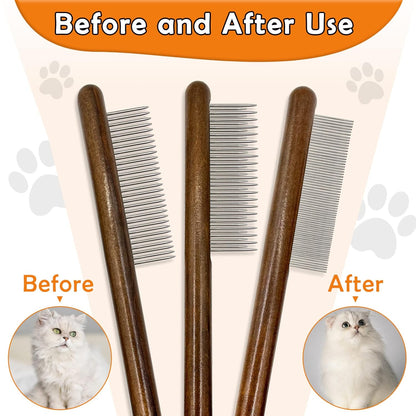 3 Pack Solid Wood Cat Combs, Stainless Steel Teeth for Cat Dog Rabbit Massage, Flea Lice Comb Removes Mats, Tangles and Loose Fur, Grooming Comb for Small Medium Pets