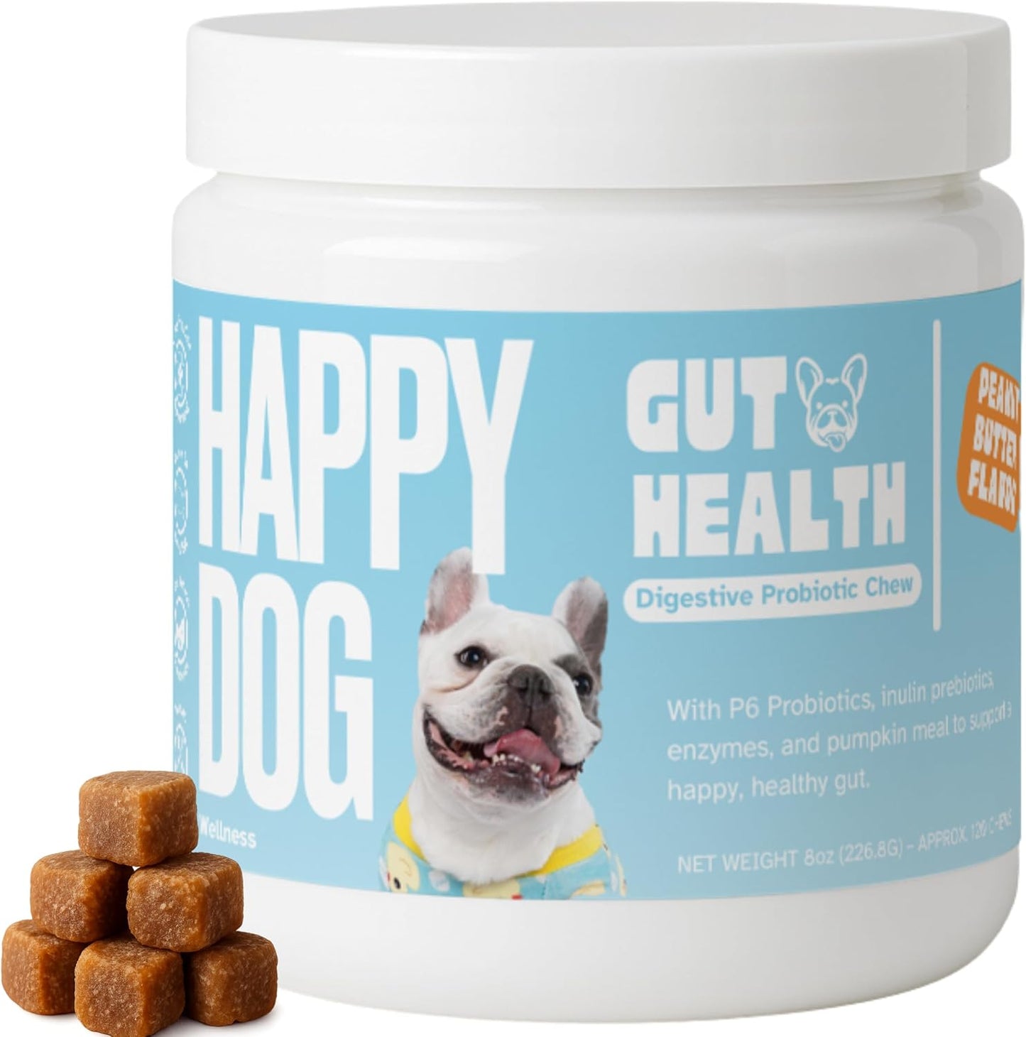 Probiotics for Dogs – Gut Health by Happy Dog | Organic, Vegan Probiotic Soft Chews with Prebiotics for Digestion, Immunity & Itchy Skin Relief | 120 Soft Chews Peanut Butter Flavor
