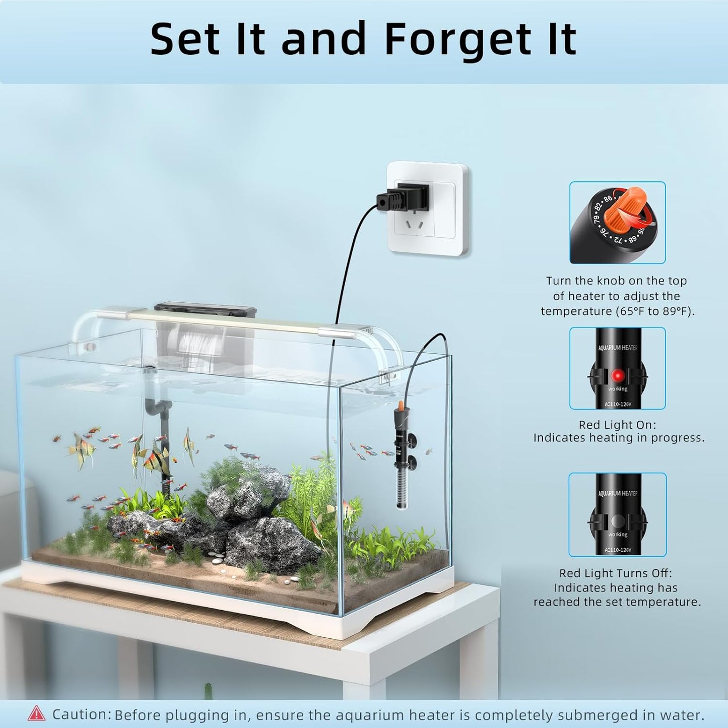 HiTauing Aquarium Heater 50W, Adjustable Knob Fish Tank Heater with 2 Powerful Suction Cups, Submersible Betta/Turtle Tank Heater for Freshwater and Saltwater Tanks