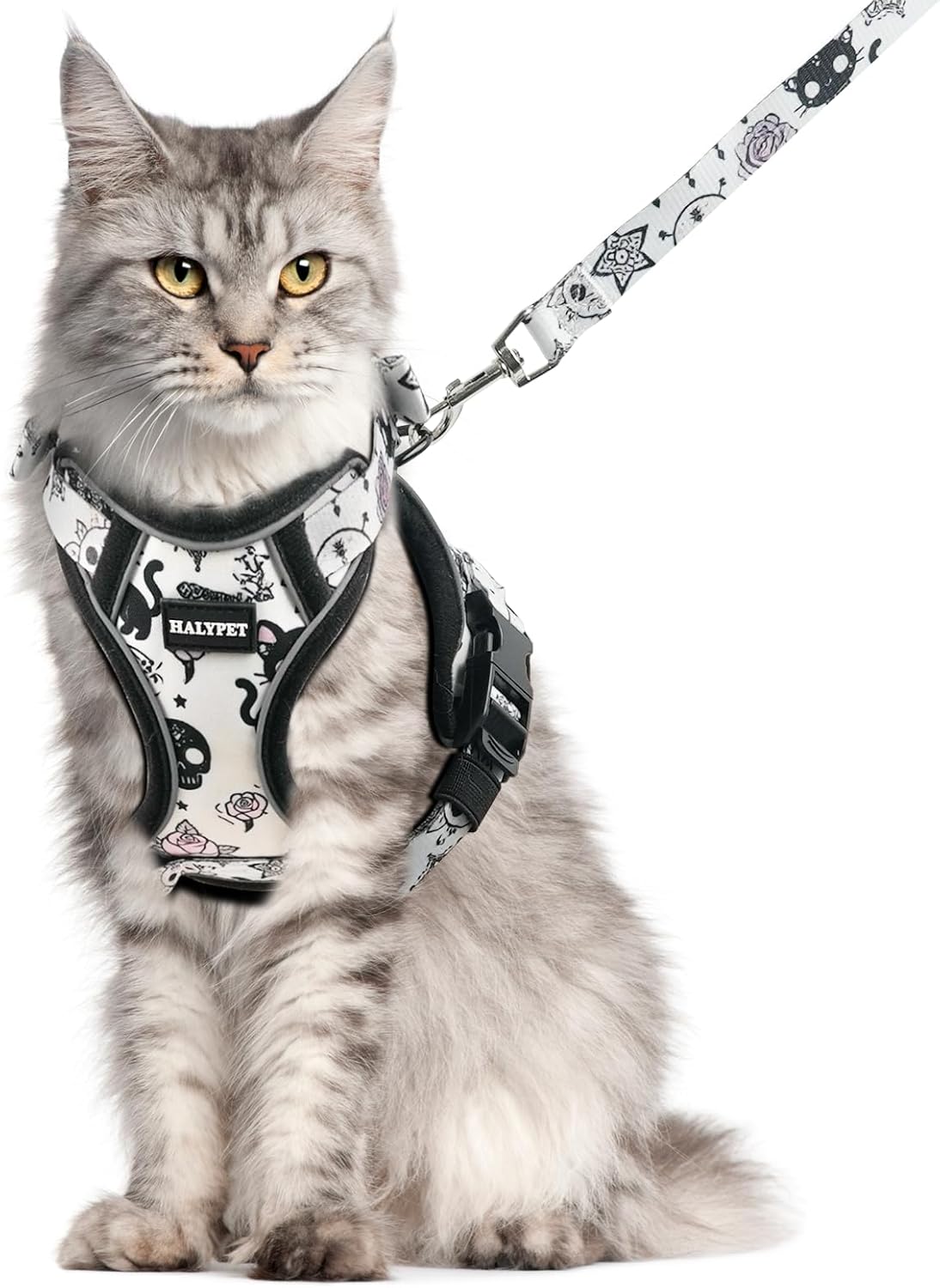 Halypet Cat Harness and Leash Set for Walking, Escape Proof Adjustable Vest Harness with 3-in-1 Integrated Buckles, Easy Control Soft Breathable Mesh with Reflective Strips for Cats, M, Moonlight Meow