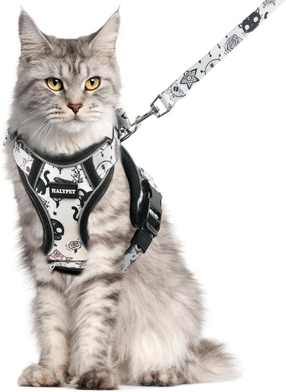 Halypet Cat Harness and Leash Set for Walking, Escape Proof Adjustable Vest Harness with 3-in-1 Integrated Buckles, Easy Control Soft Breathable Mesh with Reflective Strips for Cats, M, Moonlight Meow