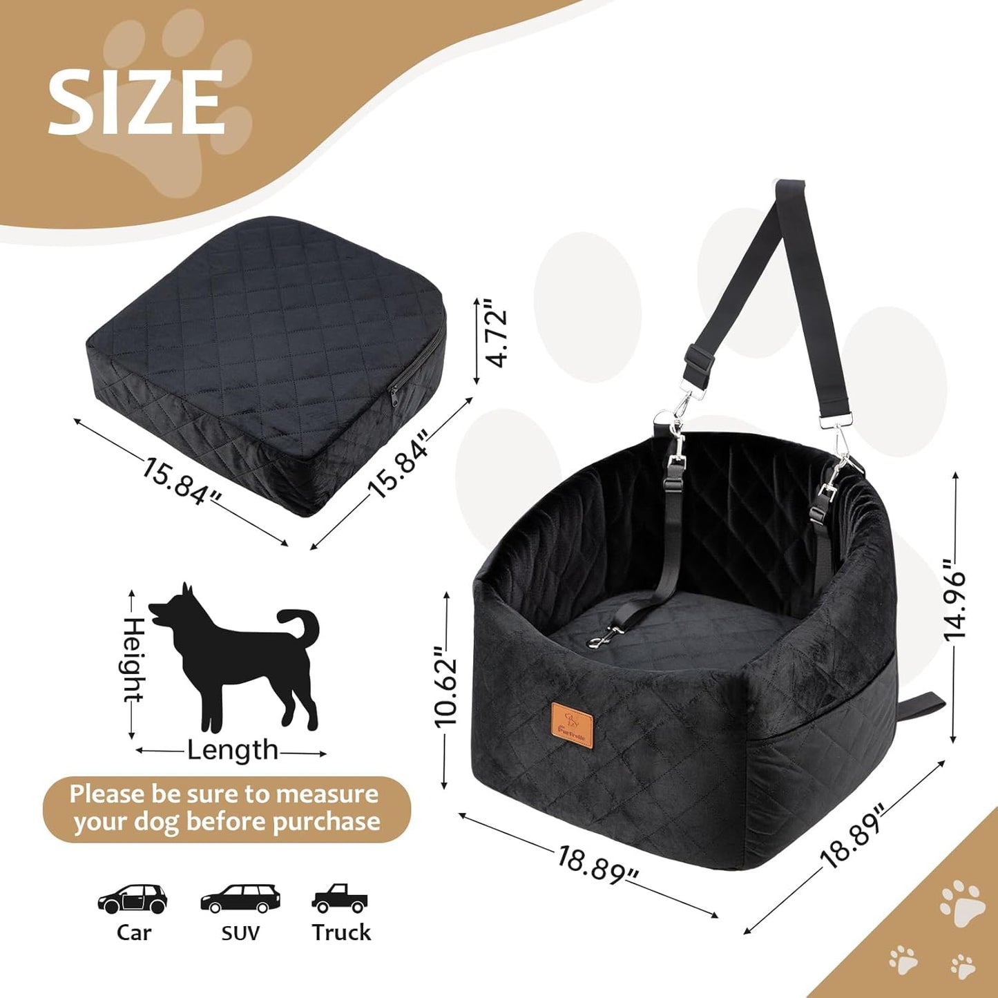 Dog Car Seat for Small Dogs, Memory Foam Dog Booster Car Seats with Thick Cushion for Dogs Under 30lbs, Detachable Washable Pet Travel Bed with Storage Pockets and 2 Safety Belt