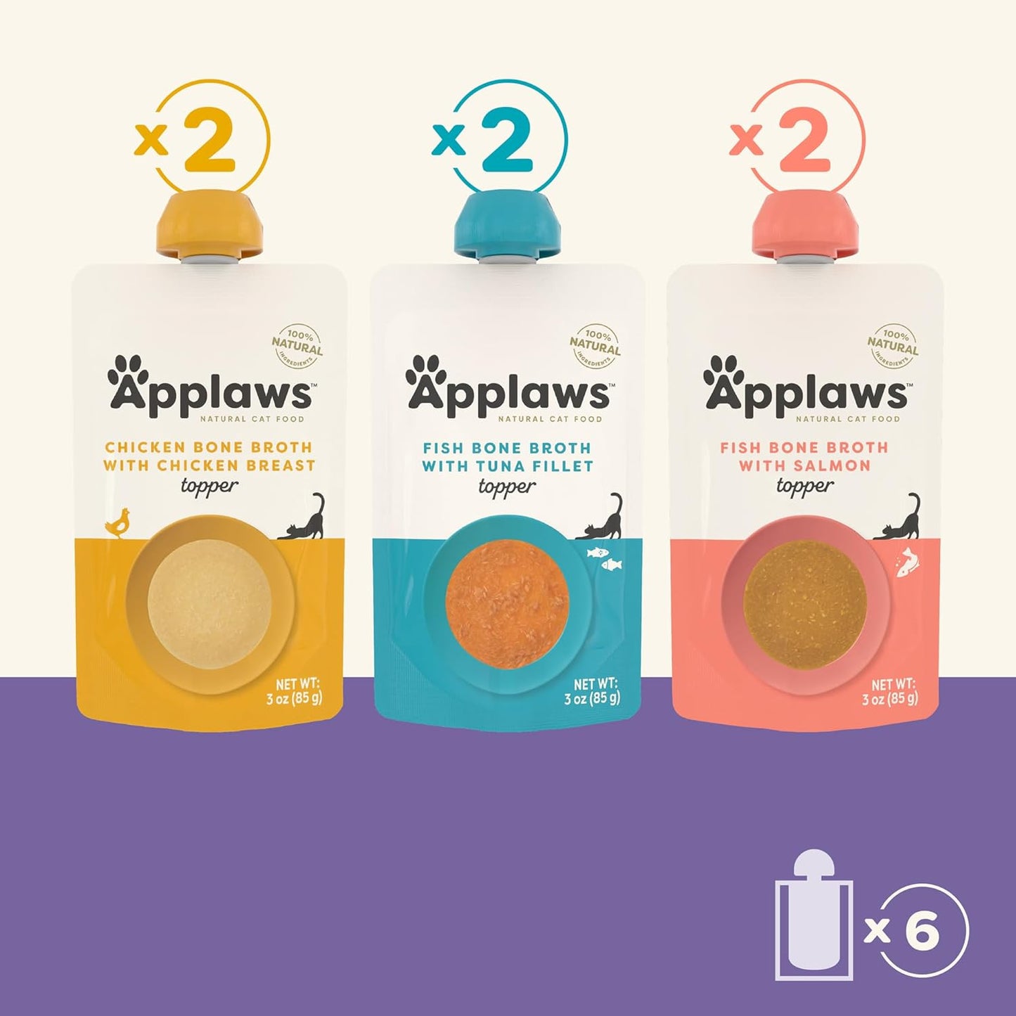 Applaws Natural Bone Broth Wet Cat Food Topper, Limited Ingredient Broth for Cats, Protein Wet Food Topper for Cats, Fish and Chicken Variety Pack(6 x 3oz Spout Pouches)